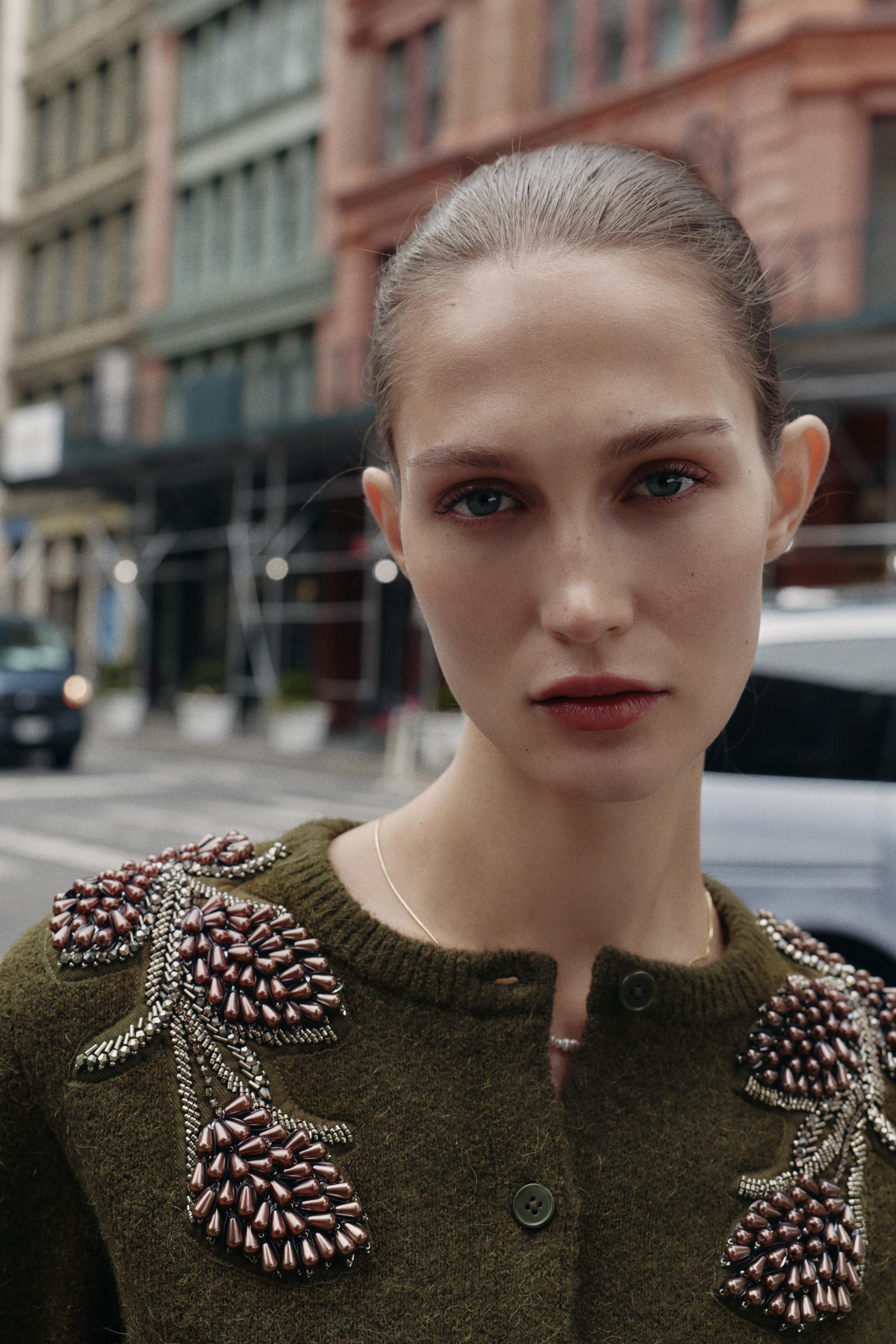 ビーズニットカーディガン - グリーン | ZARA Japan / 日本