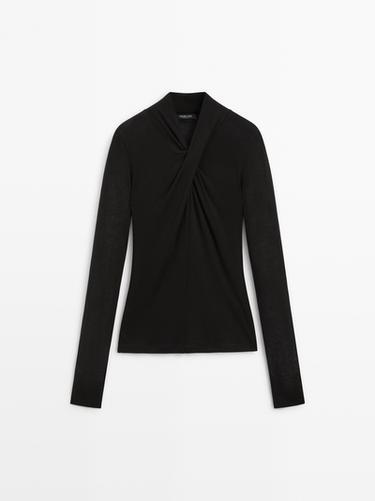 Zara Lyocell and wool crossover top - Black