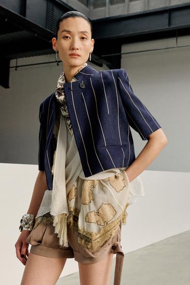 Zara ZARA WOMAN 系列亞麻條紋夾克 - 海藍色