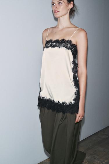 ZW COLLECTION SATIN LACE TOP - Black / White by Zara - Image 3