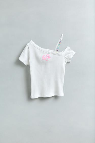 CAMISETA ASIMÉTRICA RIB ABALORIOS - Blanco de Zara