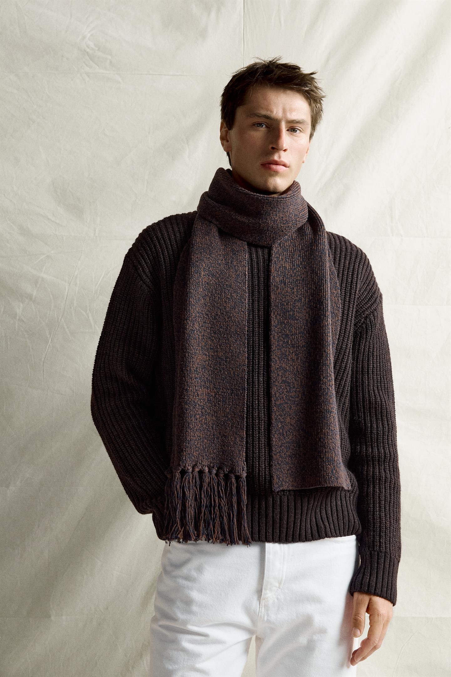 Мужской шарф Zara Cotton-Wool Knit, цвет: Коричневый меланжевый — фото 2