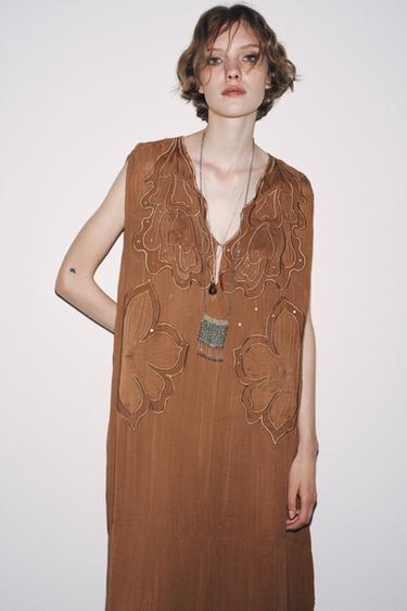 ZW COLLECTION GATHERED EMBROIDERED DRESS - Toffee by Zara