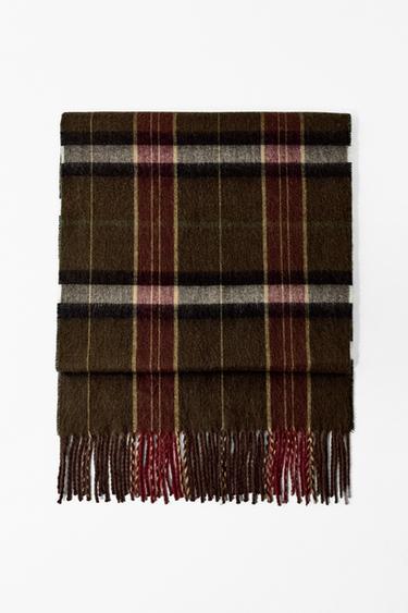 CHECK SCARF WITH FRINGING - Khaki by Zara