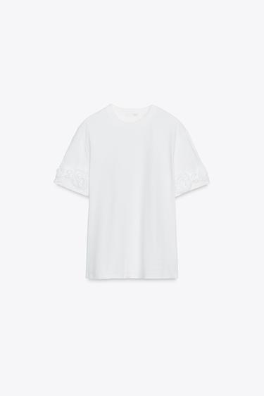 Zaras T-SHIRT MED BLOMMOR MED VOLYM - Vit