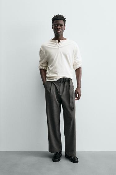 PANTALÓN RAYAS CINTURÓN - Gris oscuro de Zara - Imagen 0