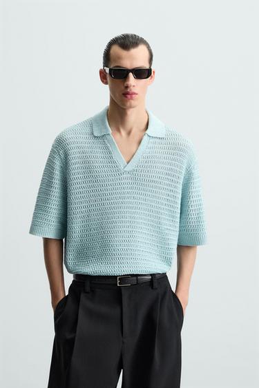 CROCHET KNIT POLO SHIRT - Light blue by Zara