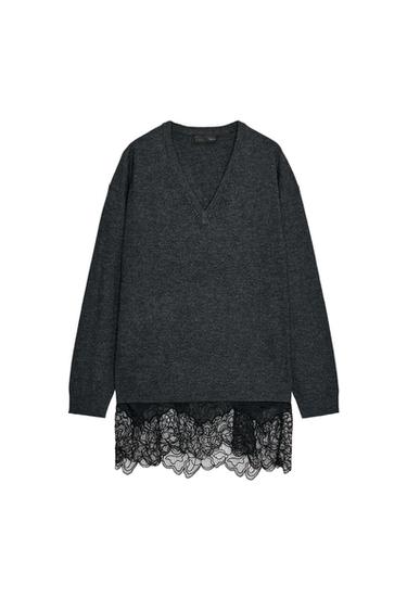 LONG KNIT JUMPER WITH LACE DETAIL - Grey by Zara
