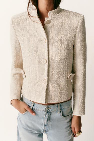 METALLIC THREAD STRUCTURED BLAZER WITH SHOULDER PADS - Ecru by Zara