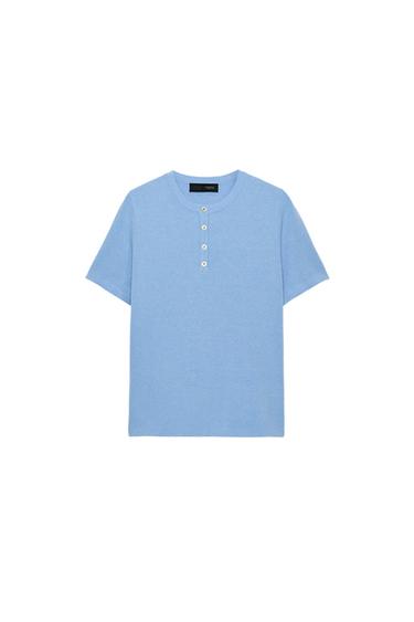 Zara BUTTONED KNIT TOP - Light blue