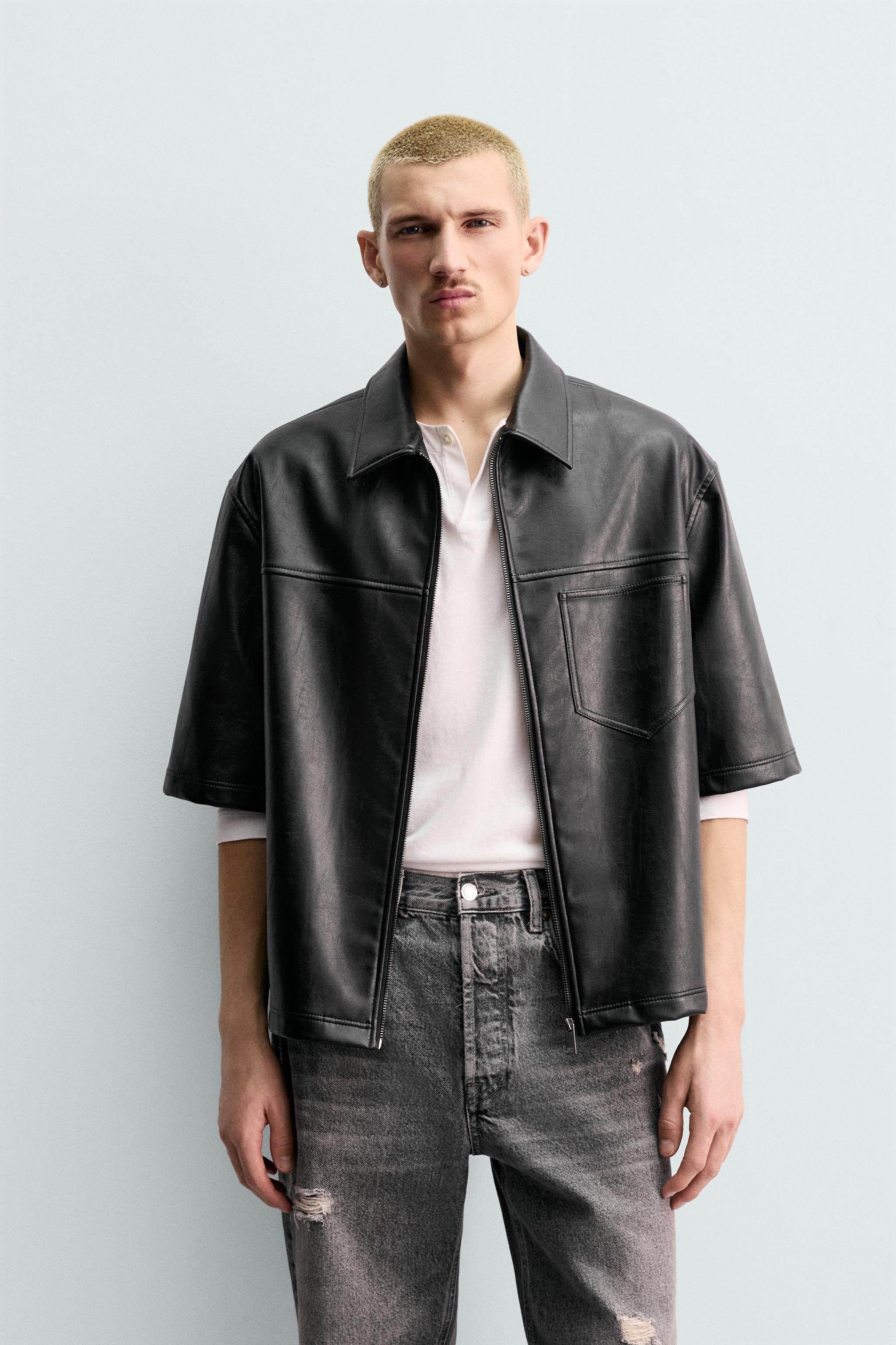 RELAXED FIT FAUX LEATHER OVERSHIRT