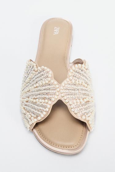 FLAT SLIDE SANDALS WITH SHINY APPLIQUÉS - White by Zara