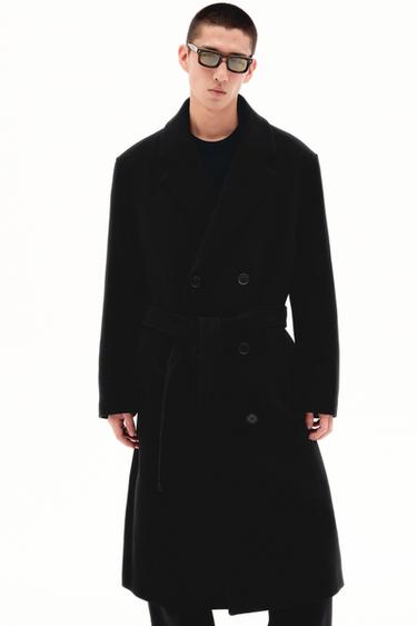 Zara 繫腰帶羊毛混紡雙排扣大衣 - 黑色