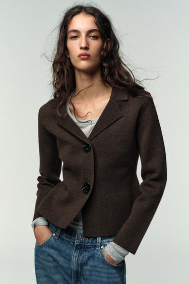KNIT BLAZER WITH RHINESTONE BUTTONS - Brown by Zara - Image 1