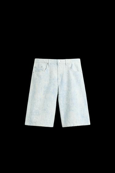 Zara SCRATCHED BAGGY FIT DENIM SHORTS - Light blue
