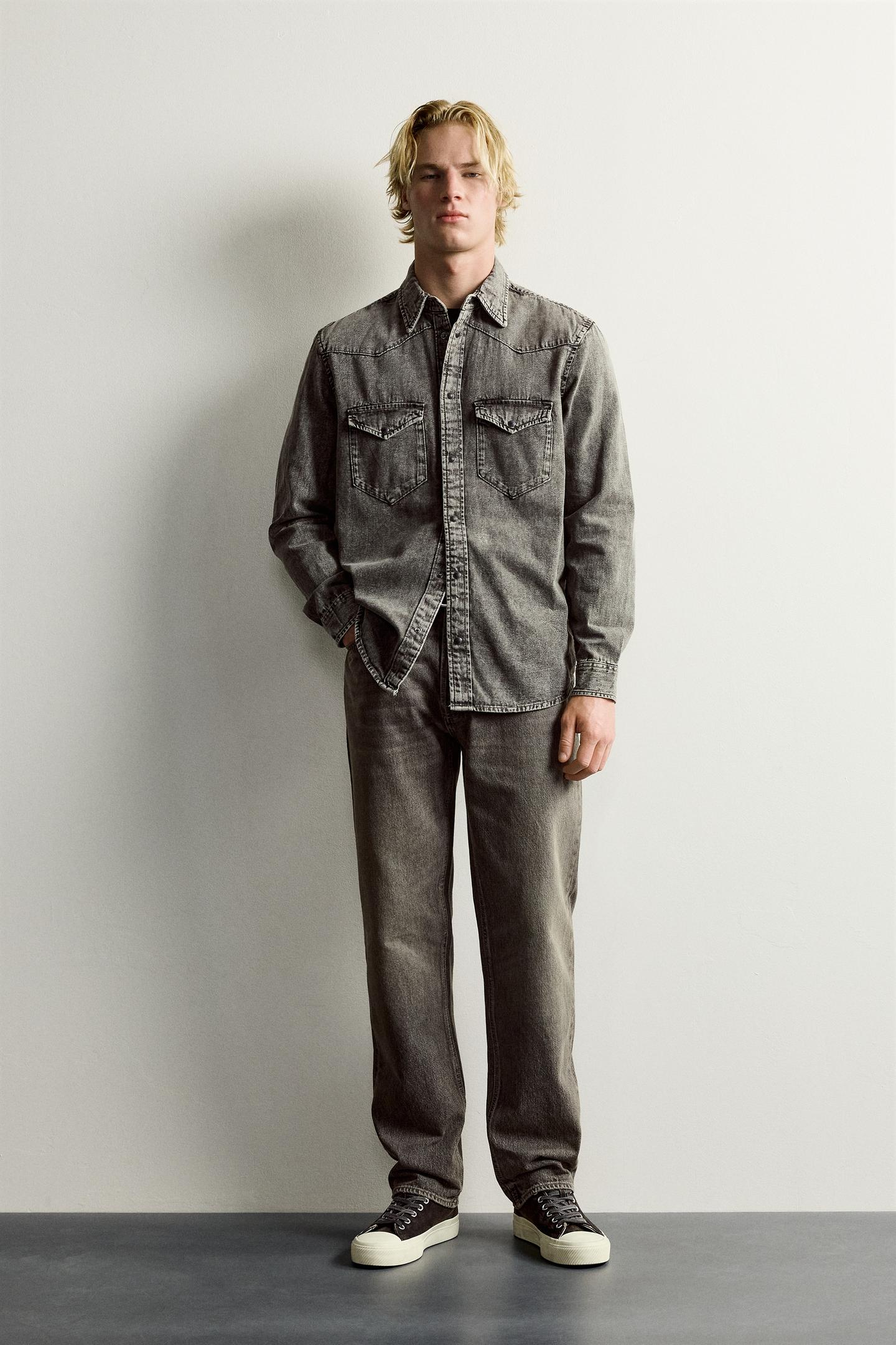 Мужская рубашка Zara Regular Fit Denim Western, цвет: Угольный — фото 1
