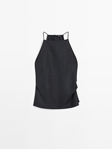 Zara Linen blend halter top with straight neckline - Blue - Image 0