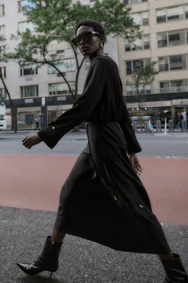 ROBE MIDI CRÊPE CEINTURE - Noir de Zara - Image 1