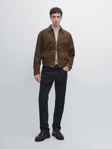 Zara Napped suede jacket with faded detail - Dark brown - Image 0