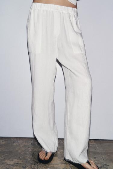 PANTALÓN CON LINO BOTÓN DOBLE - Blanco de Zara