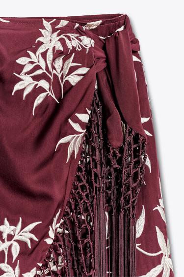 EMBROIDERED FRINGED WRAP SKIRT - Burgundy by Zara - Image 7