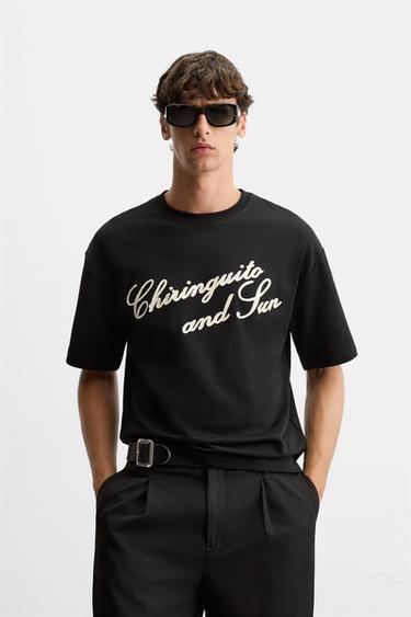 EMBROIDERED TEXT T-SHIRT - Black by Zara