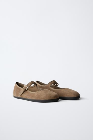 Zara BAREFOOT LEATHER BALLET FLATS - Brown