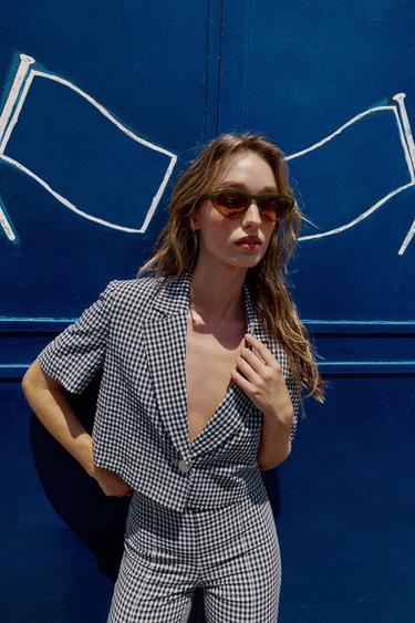 AMERICANA CURTA QUADRE VICHY - Marí / Blanc de Zara