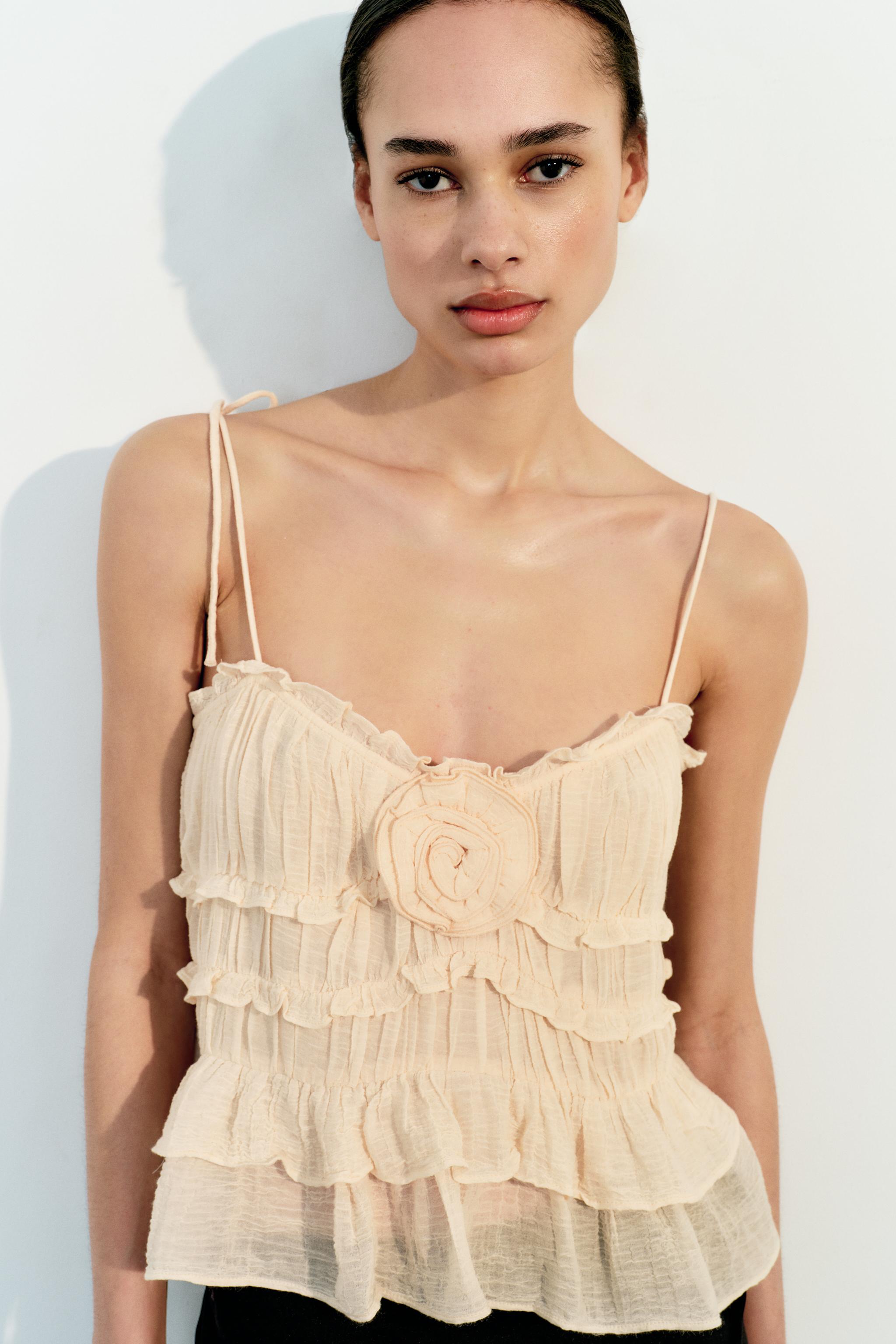 FLOWING RUFFLED TOP WITH FLORAL DETAIL - Vanilla | ZARA United Kingdom