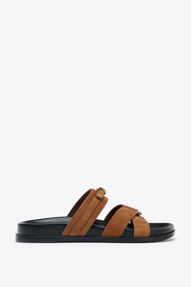 SPLIT SUEDE CROSS-STRAP SANDALS - Dark tan by Zara - Image 0
