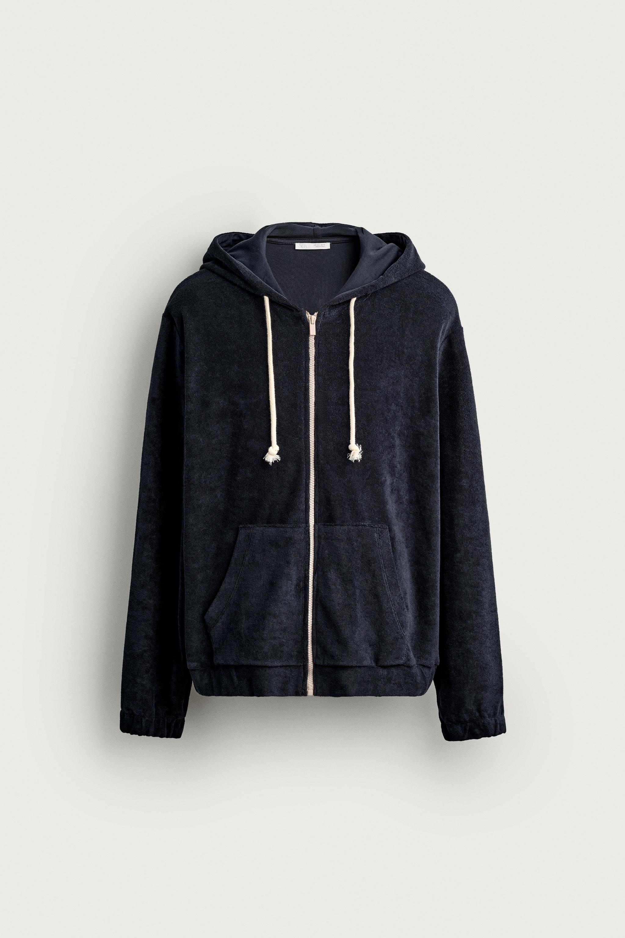 RELAXED FIT TERRY ZIP-UP HOODIE - Navy blue | ZARA United States
