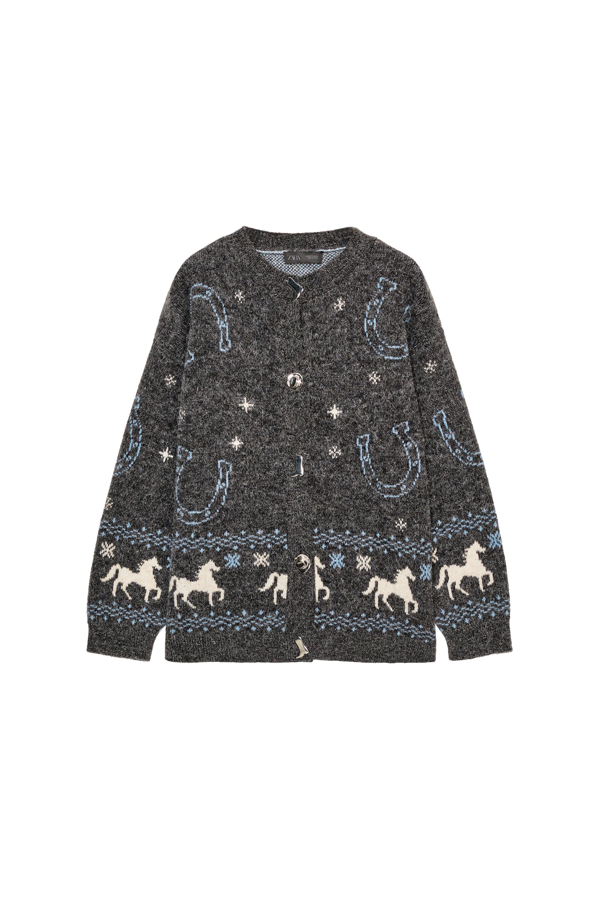 ジャカードニットボタンカーディガン - グレー/ブルー | ZARA Japan / 日本