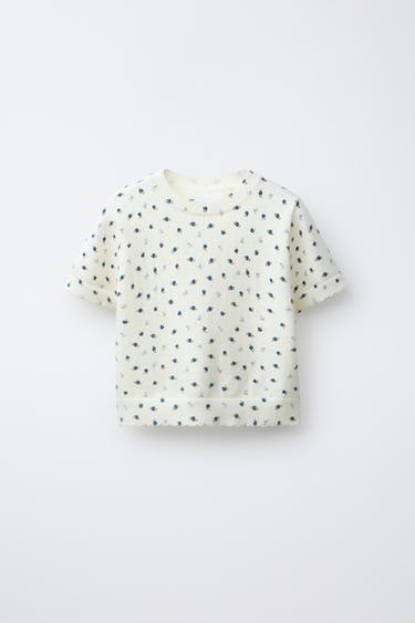 FLORAL KNIT T-SHIRT - Ecru / Blue by Zara