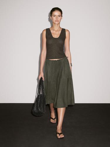 Zara Suede leather skirt with gathered detail - Khaki - Image 0