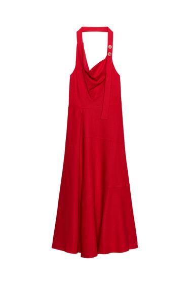 Front view of a red midi dress with a halter neck, decorative buttons, a flowing neckline, and a flared hem.