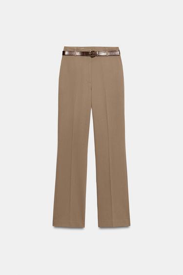 Zara STRAIGHT LEG BELTED PANTS - Mid-camel