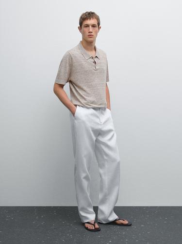 Zara Melange linen knit polo shirt - Beige - Image 0