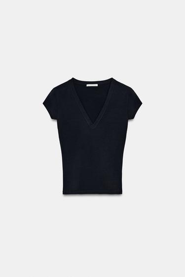 Zara V-NECK T-SHIRT - Charcoal gray