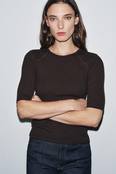 Zara RIBBED T-SHIRT - Brown