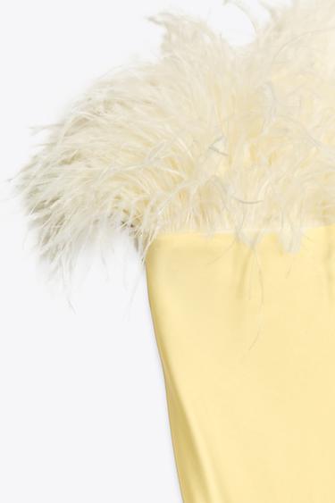 ROBE MIDI SATINÉE PLUMES - Vert de Zara - Image 4