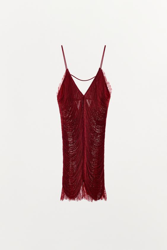 Zara Short Lace Fringe Dress Intense Red Ref 5919/122/601