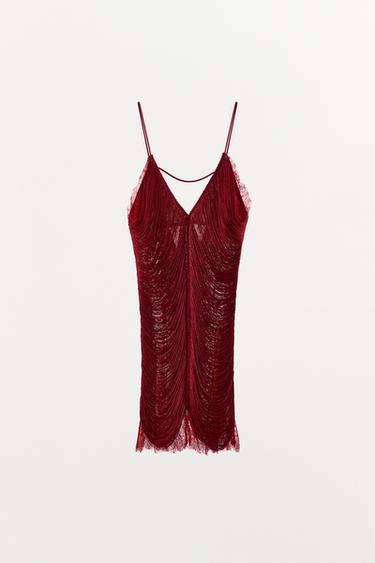 SHORT LACE DRESS WITH FRINGING - Intense red by Zara