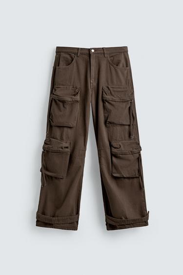 DENIM CARGO TROUSERS WITH POCKETS - Brown by Zara