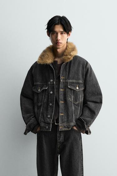 DENIM JACKET WITH FAUX FUR COLLAR - Charcoal by Zara