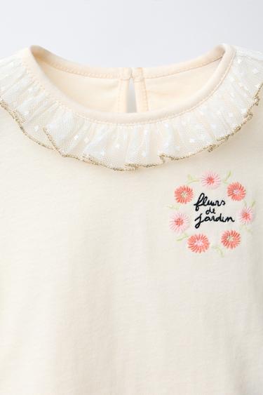 DOTTED MESH COLLAR AND EMBROIDERED T-SHIRT - Ecru by Zara - Image 2