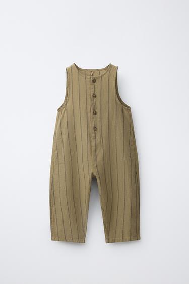LONG STRIPED COTTON LINEN DUNGAREES - Khaki by Zara - Image 0