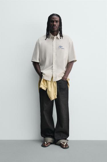 CAMISA DE RATLLES AMB ESTAMPAT COMBINAT - Blanc de Zara