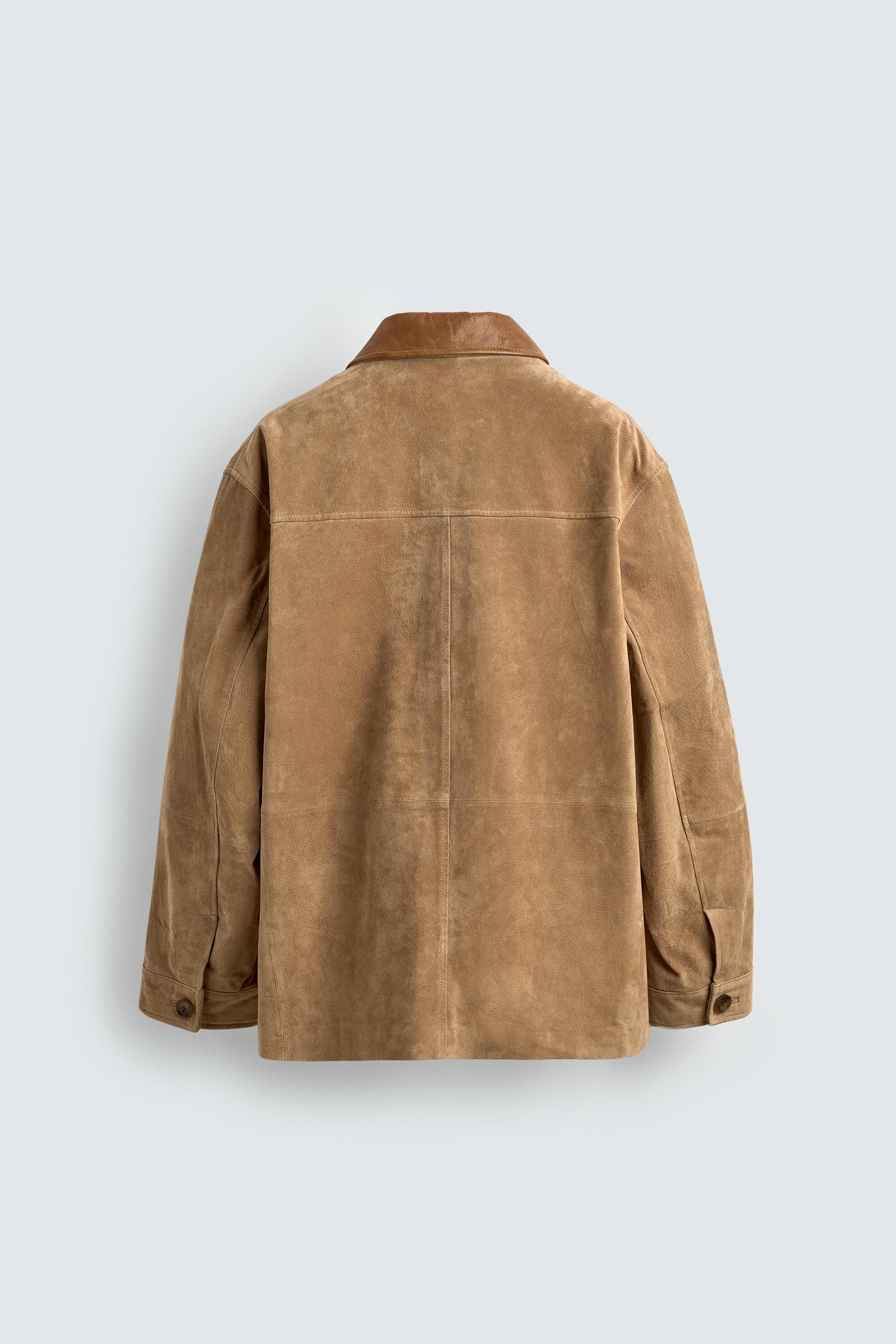 VESTE EN CUIR VELOURS AVEC COL BIMATIÈRE