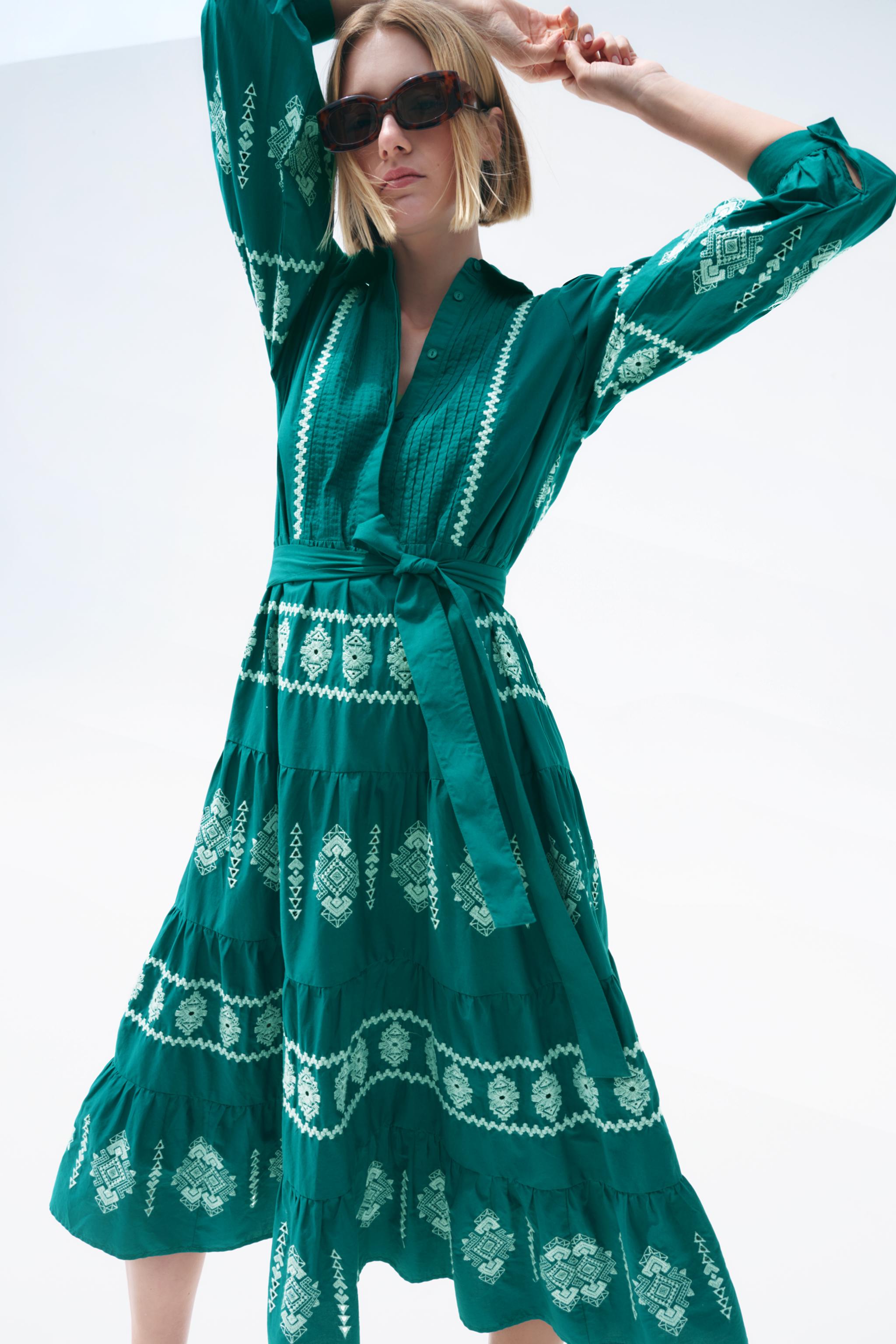 EMBROIDERED MIDI DRESS Green ZARA United Kingdom