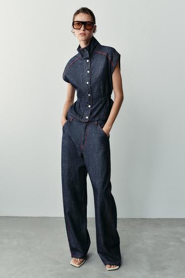 LINEN BLEND WAISTCOAT AND TROUSER SET WITH CONTRAST STITCHING - Sand / Black by Zara
